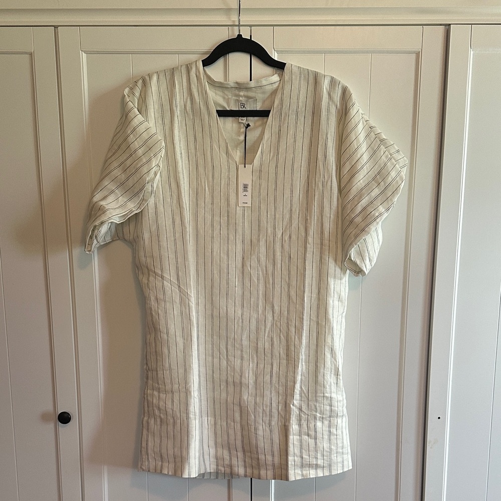 Banana Republic Cream Striped Puff Sleeve Linen Petite Dress